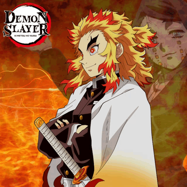 a poster for demon slayer shows a character with fire hair