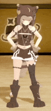 a girl in a cat costume is standing on a wood floor with her hands on her hips