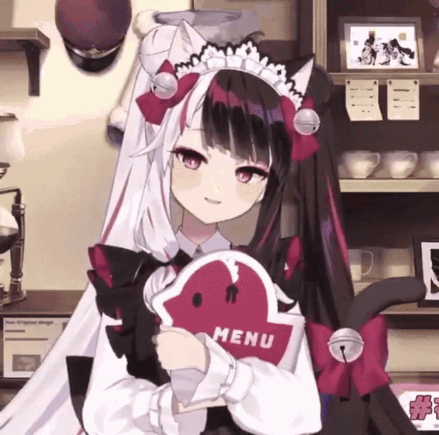 a girl in a maid costume is holding a menu in her hands