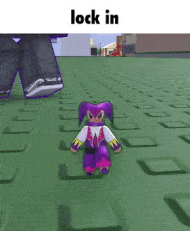 a cartoon character is standing on a green tile floor and the words lock in are above him