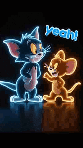 a neon sign of tom and jerry standing next to each other in the dark .
