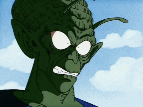a cartoon character with a green head and white eyes