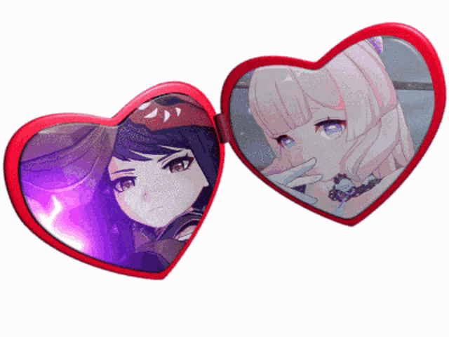 a pair of red heart shaped sunglasses with two anime girls on them