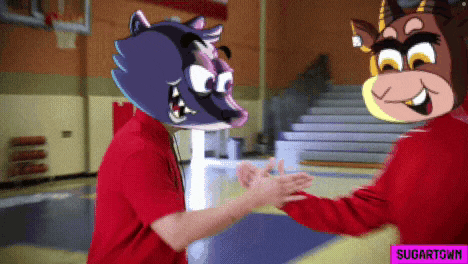 two cartoon characters shaking hands in a gym with a purple sign that says sugartown