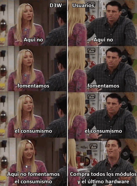 a man and a woman are talking to each other and the woman is saying " aqui no fomentamos el consumismo "
