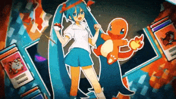 a cartoon of a girl holding a pokeball next to a charmander