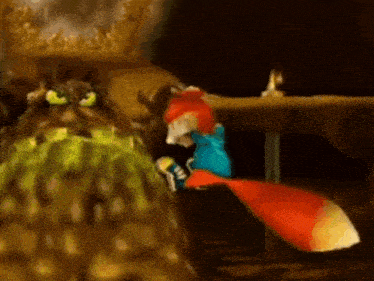a cartoon character is sitting on a wooden table next to a pineapple .