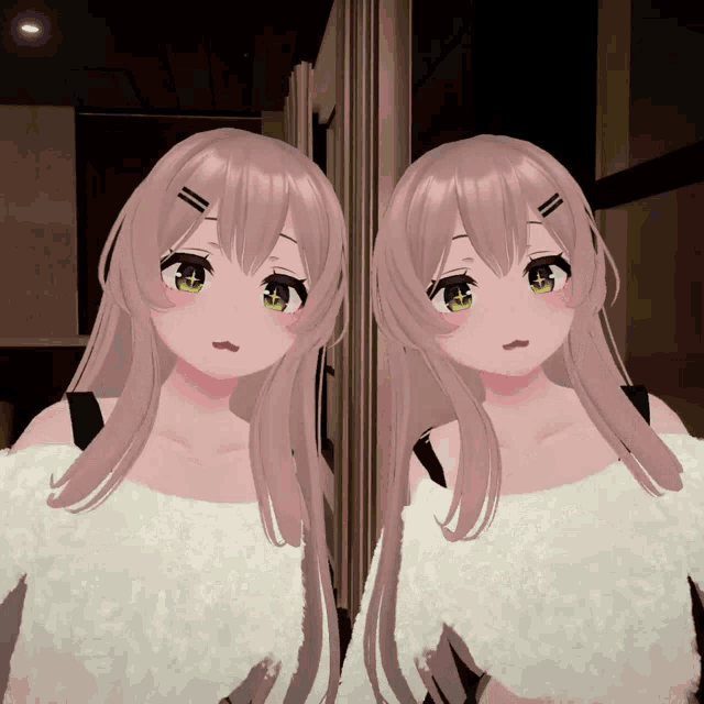two anime girls are standing next to each other in a room