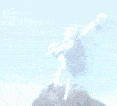 a girl with long blonde hair is running on a rocky cliff