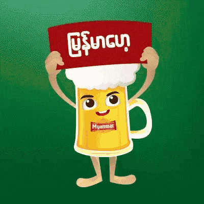 a cartoon of a beer mug holding a sign in myanmar
