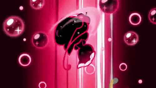 a black jellyfish is floating in a pink bubble .