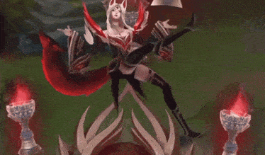 a woman is sitting on a throne holding a trophy in her hand