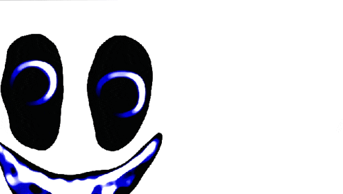 a black and white face with blue eyes and a blue mouth