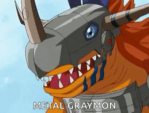 a cartoon of a metal graymon with horns
