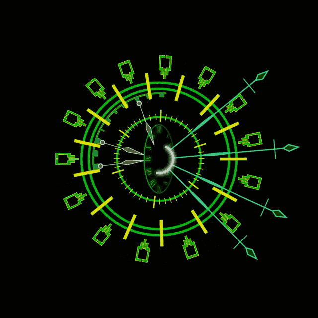 a green and yellow clock on a black background shows the time as almost 5:00