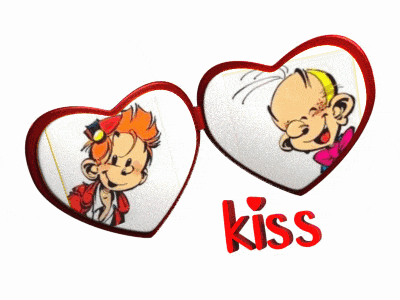 a couple of cartoon hearts with the word kiss below them