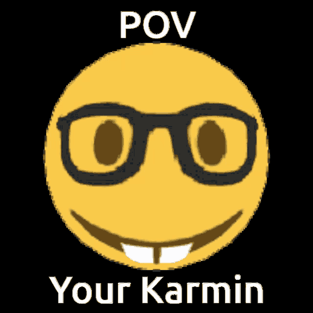 a yellow smiley face with glasses and the words pov your karmin