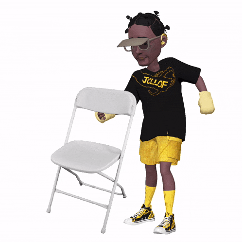 a cartoon character wearing a black shirt that says jolof is standing next to a white folding chair