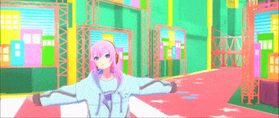 a girl with pink hair is standing in a colorful room
