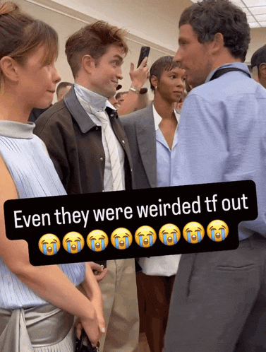 a group of people are standing next to each other with a caption that says even they were weirded tf out