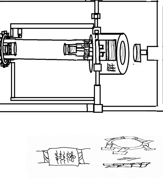 a black and white drawing of a machine with a table in the background .