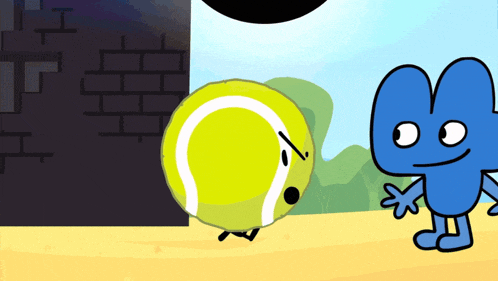 two cartoon characters are standing next to each other one is a tennis ball and the other is four