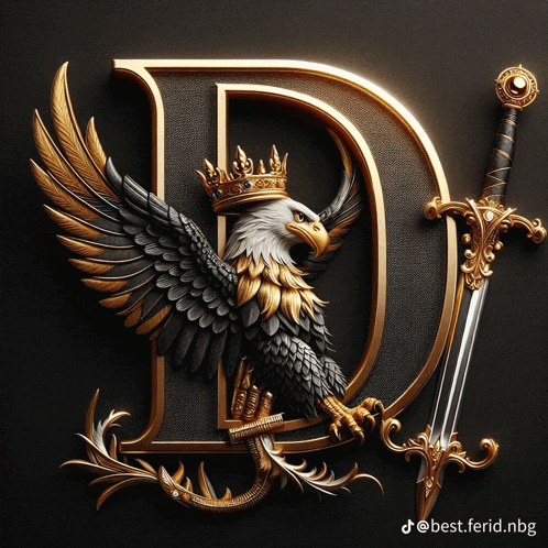 the letter d is decorated with an eagle and sword