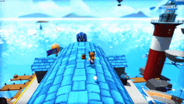 a screenshot of a video game shows a cat walking on a blue roof
