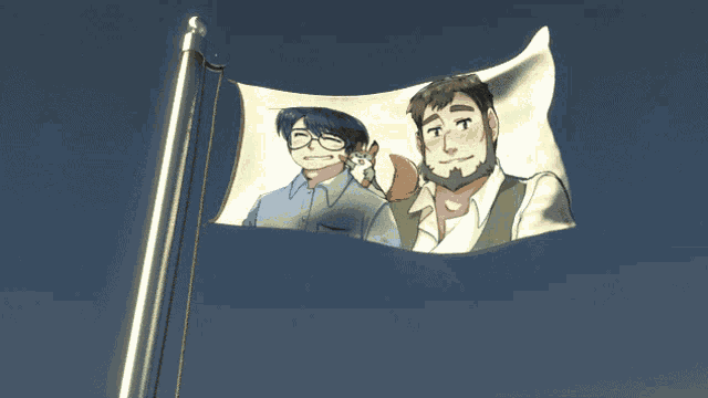 a flag with a picture of two men and a dog on it