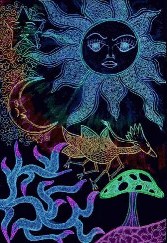 a colorful drawing of a sun a fox and a crescent moon