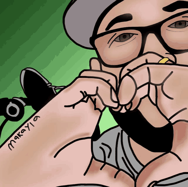 a drawing of a man with glasses and a tattoo on his arm that says takayla