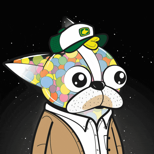 a cartoon of a dog wearing a green hat with a duck on it