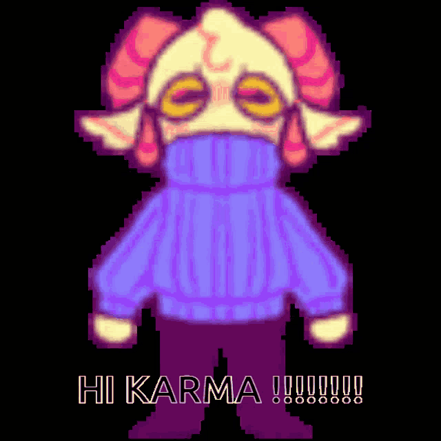 a pixel art of a sheep wearing a purple sweater with the words hi karma