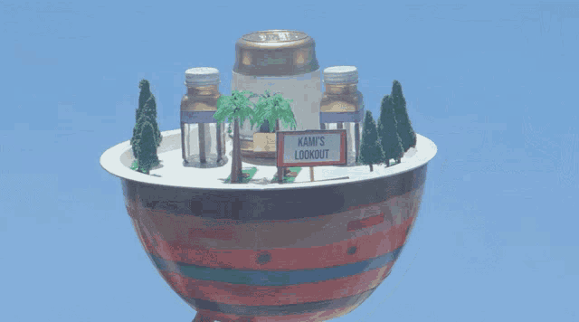 a sign that says kami 's lookout sits on top of a colorful object