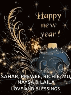 a happy new year greeting card with a feather and a perfume bottle