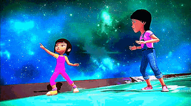two cartoon characters are standing next to each other in front of a blue sky .