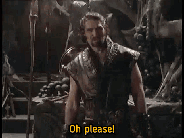 a man in a leather outfit is standing in front of a statue and says oh please .