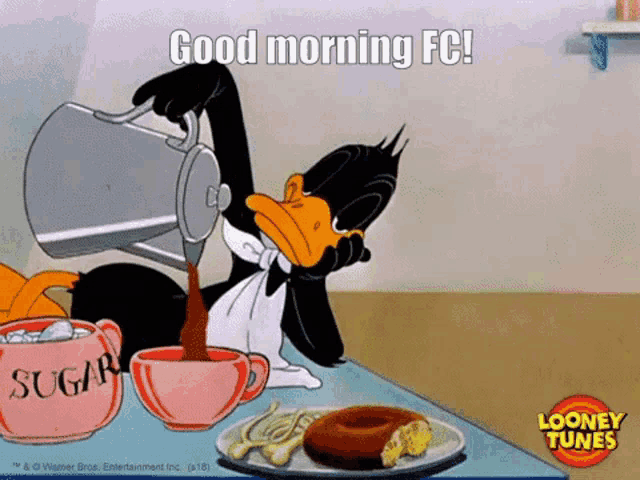 a cartoon of a duck pouring coffee from a pitcher with the caption good morning fc