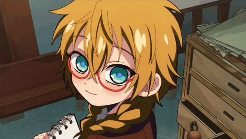 a girl with glasses is holding a notebook