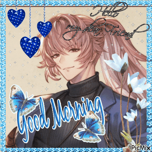 a greeting card with a man and butterflies says good morning