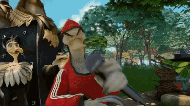 a cartoon character in a red jacket is holding a gun