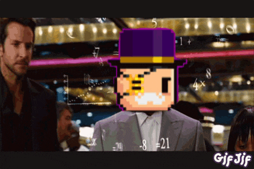 a man in a suit and top hat is surrounded by numbers and a gif of a man with a mustache