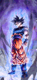 a painting of a man standing in front of a purple and blue background .