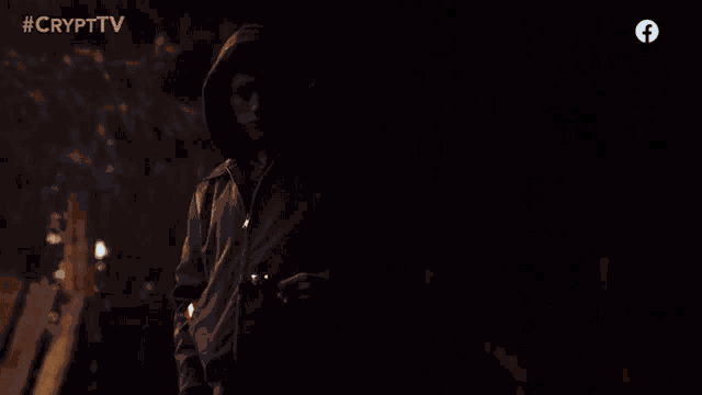a man in a hooded jacket stands in front of a fire with the hashtag #crypttv on the bottom