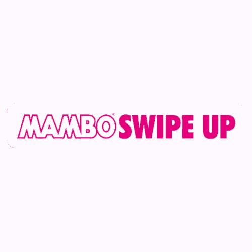 a pink and white mambo swipe up logo on a white background .