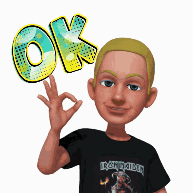 a cartoon character wearing an iron maiden shirt is giving an ok sign