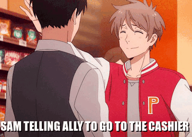 a man wearing a red jacket with the letter p on it