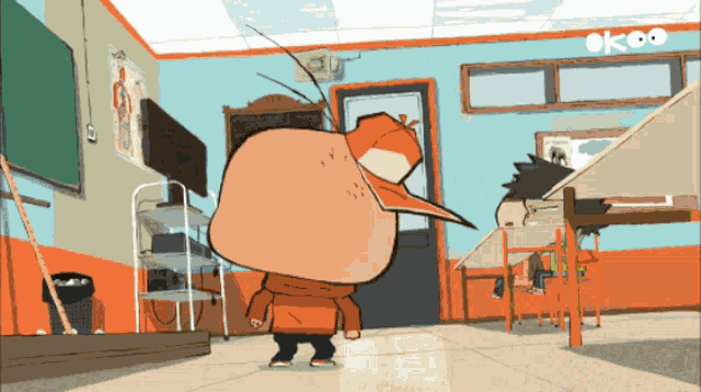 a cartoon character in a classroom with a sign that says okco on it