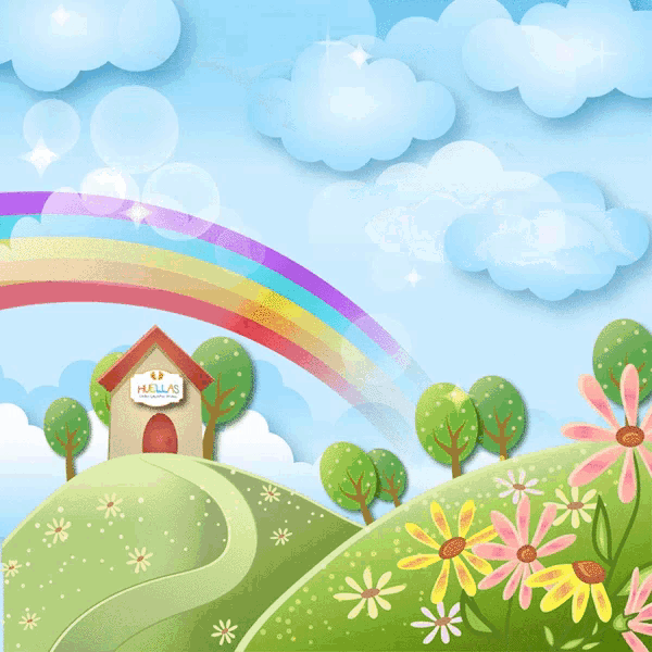 a cartoon drawing of a plane flying over a rainbow and a sign that says tu niñ @ necesita una a