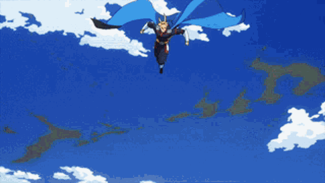 a person in a blue shirt is flying through a blue sky